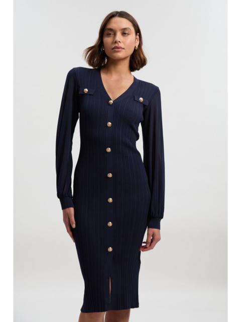 KAREN MILLEN Viscose Blend Rib Knit Chiffon Sleeve Midi Dress
