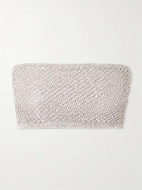 Cropped metallic open-knit bandeau top Silver