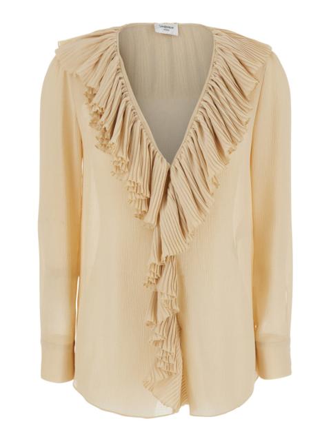 SAINT LAURENT Saint Laurent Women Beige Blouse With V Neck And Ruffles On Front And Rear In Silk Woman
