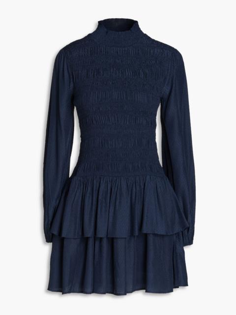 maje Shirred ruffled Swiss-dot mini dress