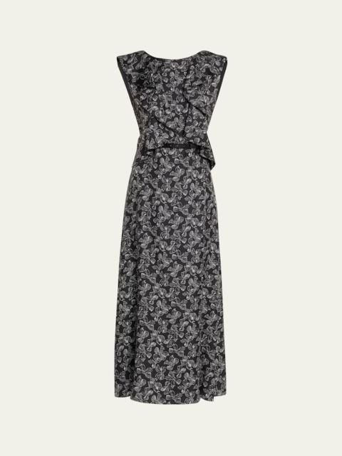 Max Mara Calesse Bow-Print Ruffle Backless Midi Dress