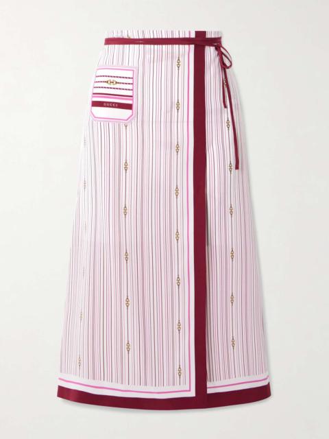 Printed striped wrap-effect silk midi skirt Pink