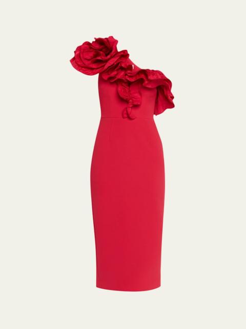 REBECCA VALLANCE Zarya One-Shoulder Ruffle Bodycon Midi Dress