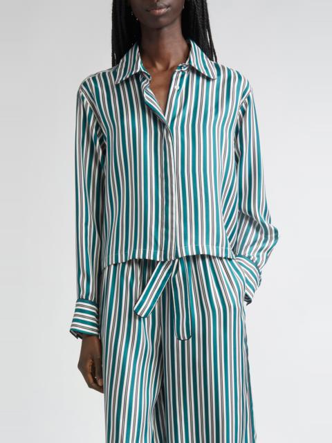 Max Mara Max Mara Brama Stripe Crop Silk Button-Up Shirt in Dark Green at Nordstrom