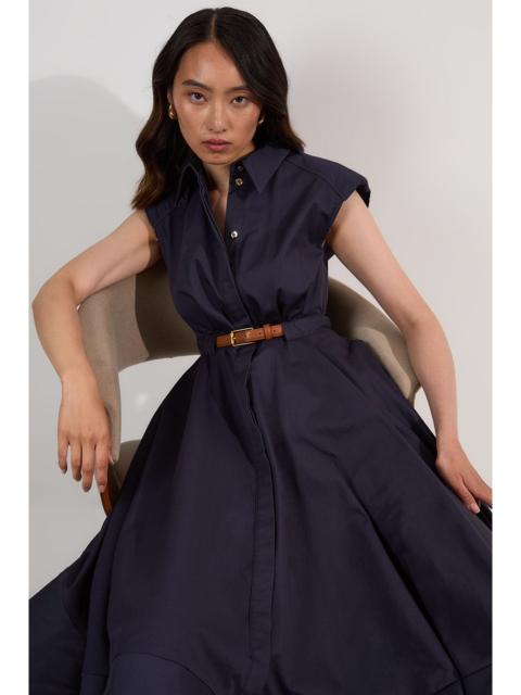 KAREN MILLEN Tailored Cotton Belted Collared Full Midi Dress