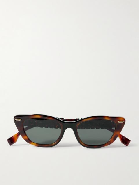 FENDI Interlace Cat-eye Leather-trimmed Tortoiseshell Acetate Sunglasses