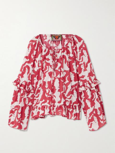 La DoubleJ + Mother Ruffled Printed Cotton Top
