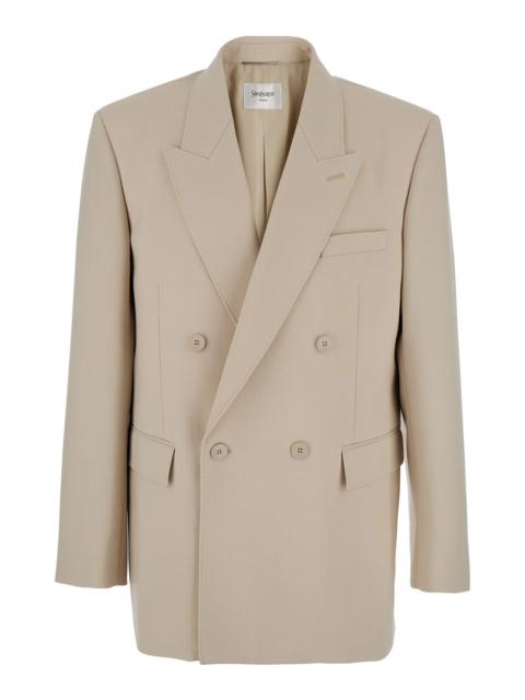 SAINT LAURENT Saint Laurent Men Beige Double-Breasted Jacket With Peak Revers In Wool Man