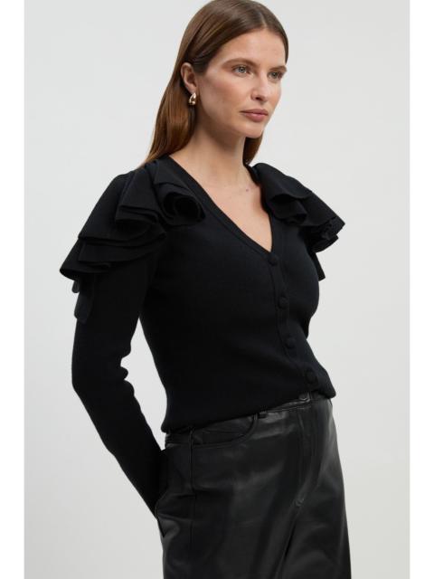 KAREN MILLEN Compact Wool Look Ruffle V Neck Cardigan