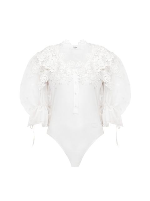 Chloé PUFF-SLEEVE BODYSUIT IN GUIPURE LACE COTTON MIX