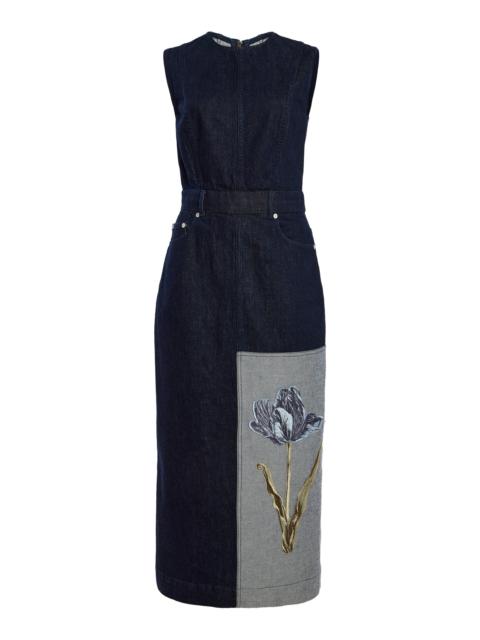 Erdem Embroidered Fluted Cotton Midi Dress dark wash
