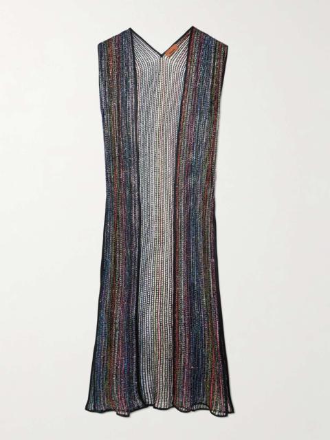 Sequined metallic crochet-knit coverup Black