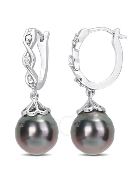 Other Designers AMOUR 8-9mm Black Tahitian Cultured Pearl and Diamond Accent Infinity Huggie Earrings In Sterling Si