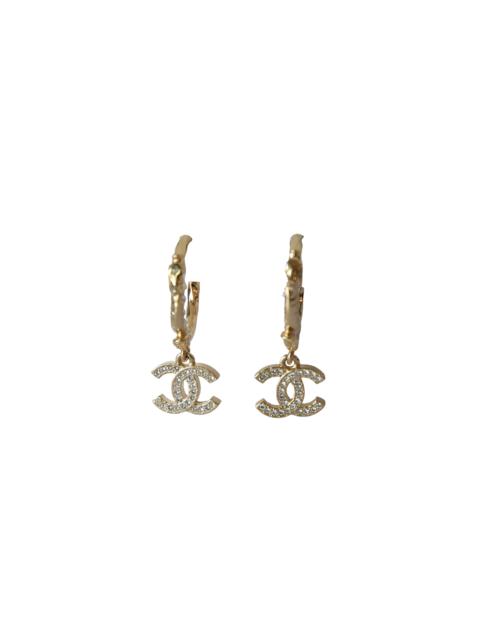 CHANEL Chanel CC Metal Crystal Strass Studded Hoop Drop Earrings Gold