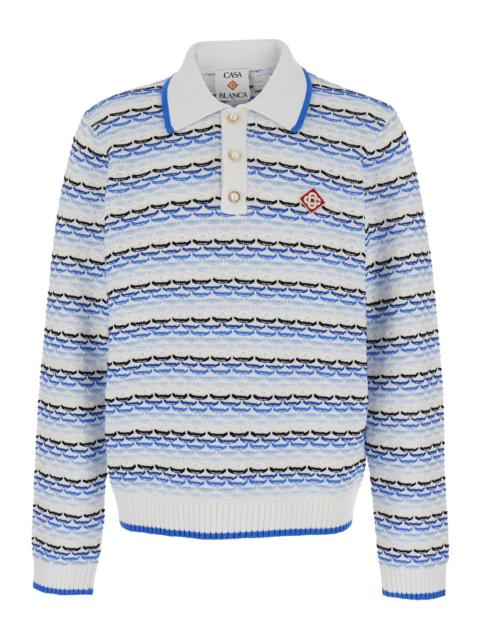 CASABLANCA Casablanca Men Blue Polo Shirt With Logo Embroidery On The Front And All-Over Striped Motif In Cotto