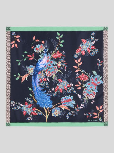 Etro SILK TWILL POCKET SQUARE WITH PEACOCK