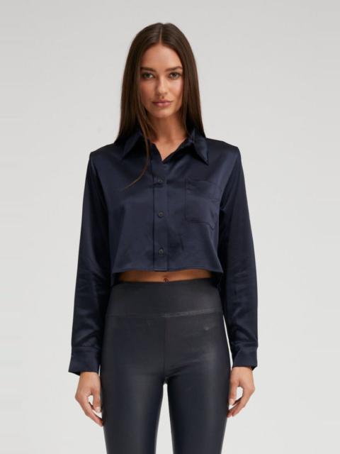 SPRWMN NAVY SILK CROPPED BUTTON DOWN