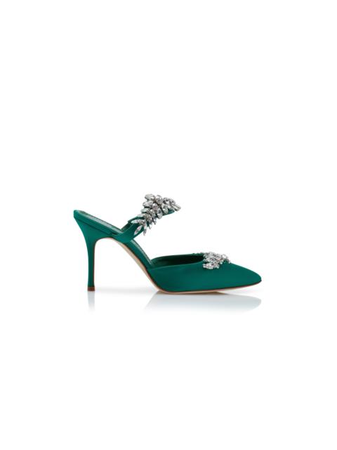 Manolo Blahnik Green Satin Crystal Embellished Mules