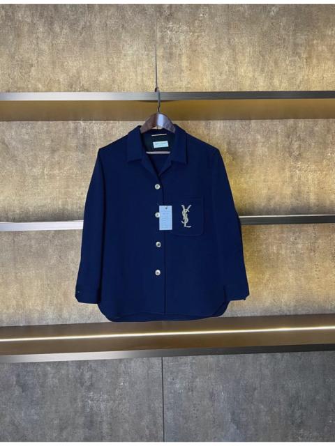 SAINT LAURENT Saint Laurent logo-embroidered wool-blend shirt jacket in navy