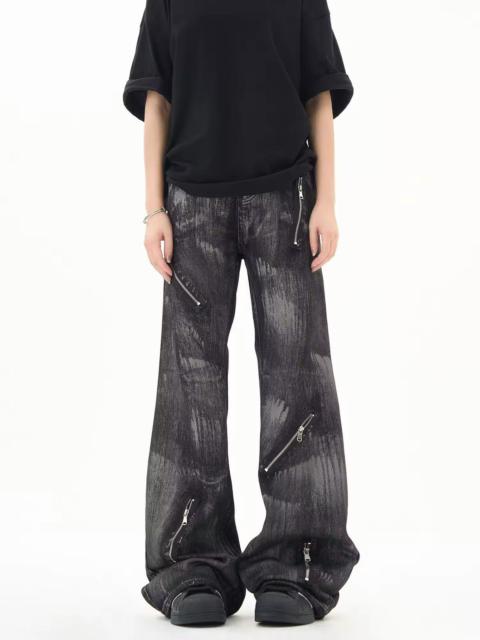 Distressed Denim - Multi-zipper Patchwork Brushing Style Pant