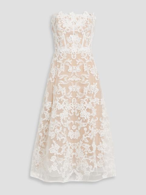 Other Designers Strapless floral-appliquéd corded lace midi dress