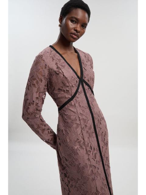 KAREN MILLEN Lace with black taping long sleeve woven maxi dress