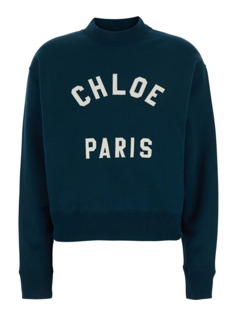 Chloé Chloé Women Blue Crewneck Sweatshirt With Logo Lettering Print In Cotton Woman