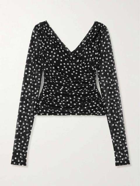 Ruched wrap-effect printed polka-dot tulle blouse