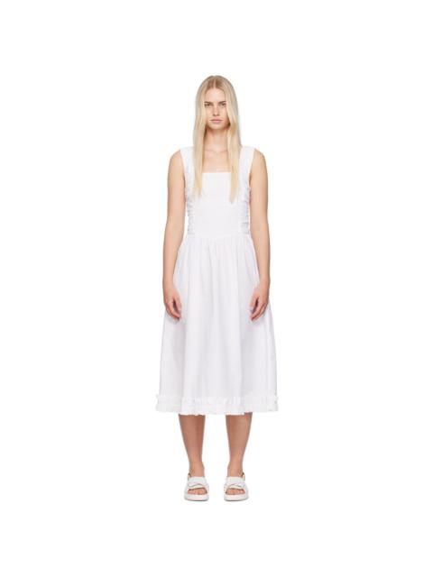 GANNI White Shirred Midi Dress