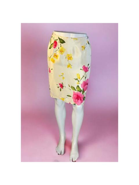 Other Designers Ann Taylor - Silk Pencil Skirt Ivory Cream Pink Yellow Roses S 4