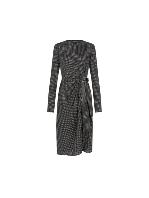 TOM FORD PRINTED SILK SABLE LONG SLEEVE DRESS WITH LEATHER DETAIL