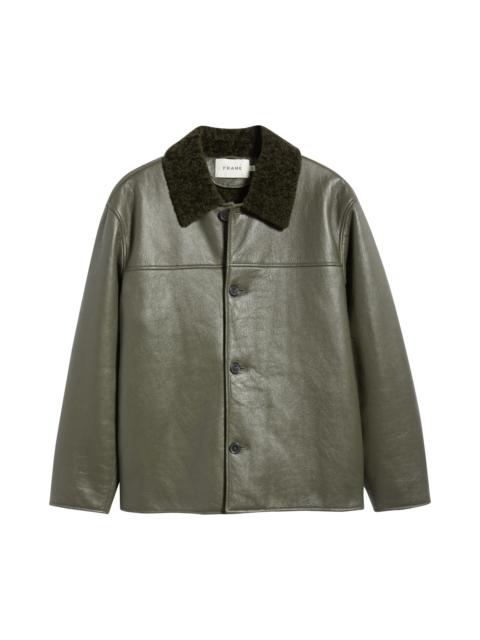 FRAME FRAME Leather Barn Jacket with Genuine Shearling Collar in Dark Olive at Nordstrom