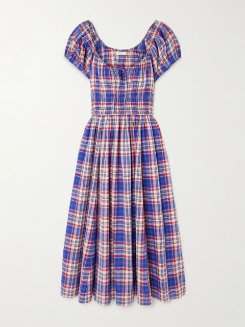 DÔEN Quinn checked tie-detailed shirred cotton-poplin midi dress Blue