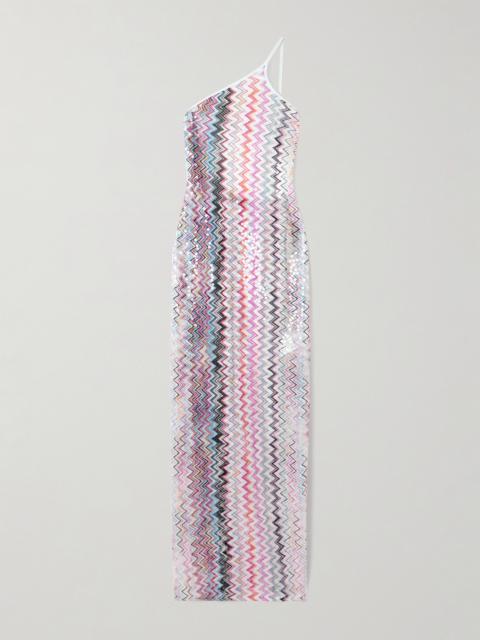 Missoni One-shoulder Sequin-embellished Striped Crochet-knit Maxi Dress