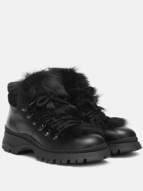 Prada Shearling-trimmed leather ankle boots