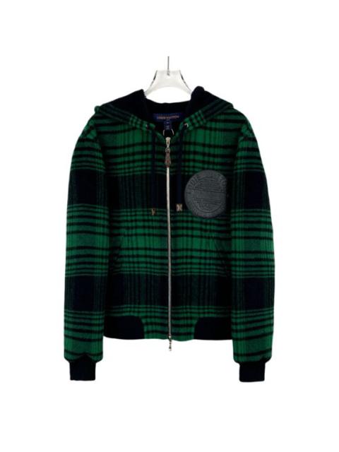 Louis Vuitton Green & Black Plaid Wool Hooded Zip-Up Jacket With Leather Patch D