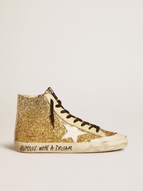 Golden Goose Francy Penstar in gold glitter with white leather star