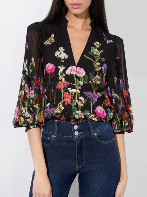 Alice + Olivia Ilan Floral Pleated Sleeve Button-Up Shirt in Secret Garden at Nordstrom