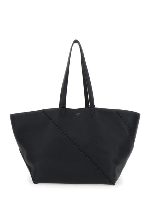 FENDI Fendi Men 'Selleria' Black Shopper With Logo On The Front And Removable Pouch In Hammered Leather Ma