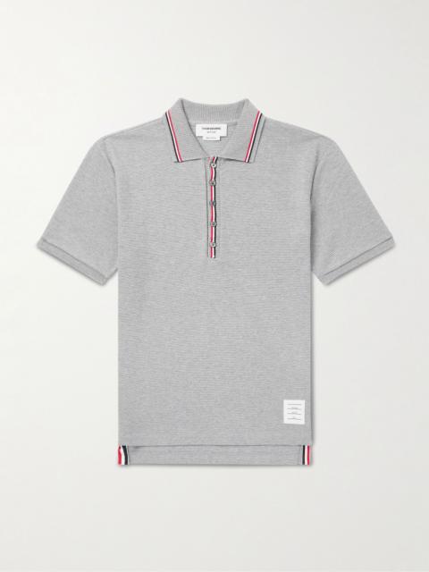 Thom Browne Logo-Appliquéd Striped Waffle-Knit Cotton Polo Shirt Gray