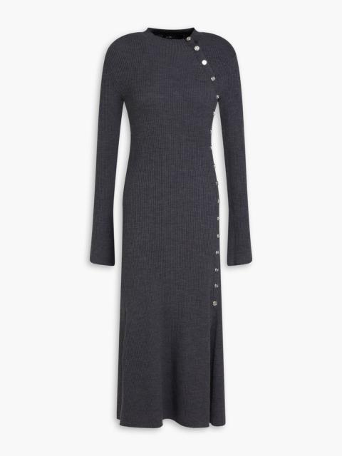 maje Button-embellished ribbed-knit midi dress