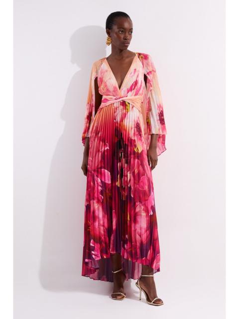 KAREN MILLEN Petite Ombre Floral Soft Pleated Woven Maxi With Cape Detail
