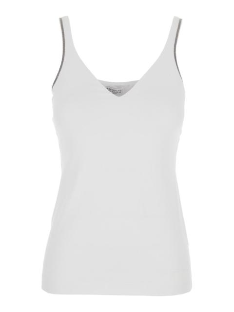 Brunello Cucinelli Brunello Cucinelli Women White Top With V-Neck And Monile Details On The Edges In Cotton For Women