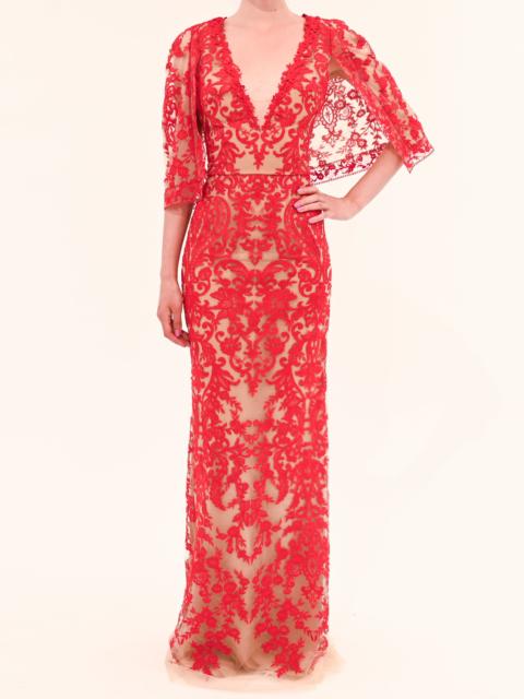 Marchesa MIRRORED FLORAL CAPE SLEEVE GOWN