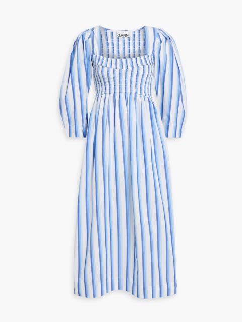 GANNI Shirred striped cotton-poplin midi dress
