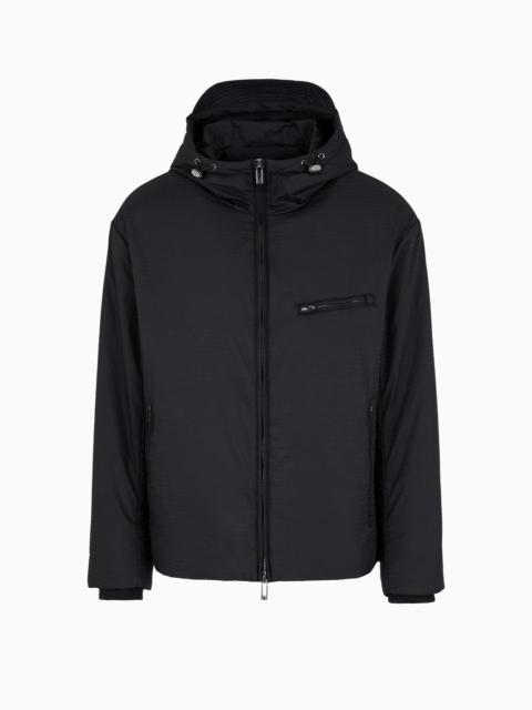 EMPORIO ARMANI Lightweight nylon, hooded zip-up blouson with all-over jacquard lettering