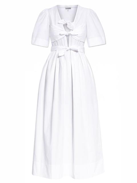GANNI COTTON MIDI DRESS WITH V-NECK AND RIBBONS