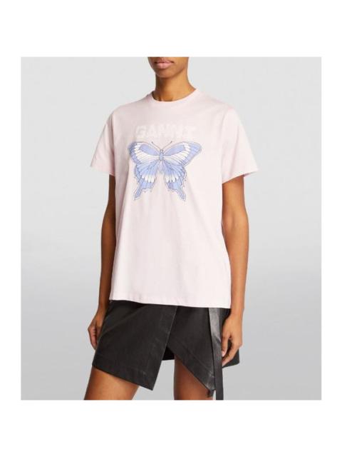 GANNI Ganni Butterfly T Shirt Crew Neck Graphic Print Basic 100% Cotton Pink XS NWOT
