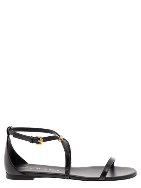 Alexander McQueen Alexander Mcqueen Women Black Low Sandals With Engraved Logo In Leather Woman