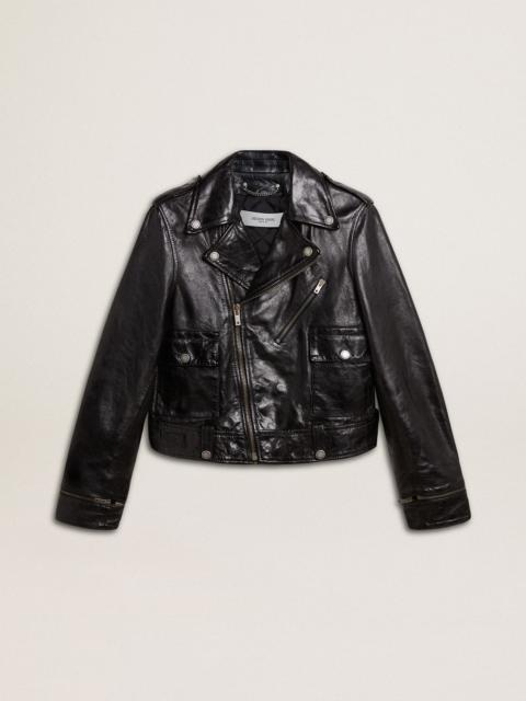 Golden Goose Women's black leather biker jacket with glossy effect